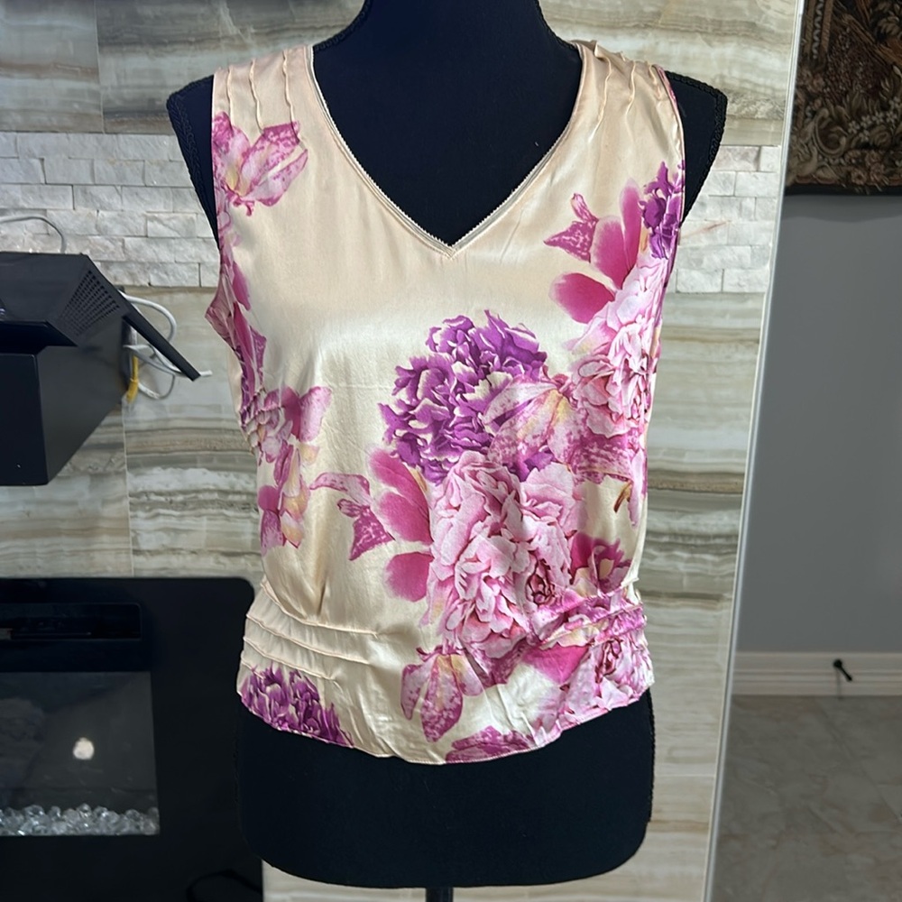 Ann Taylor Silk‎ Spandex Vintage Top. Cream & Pink Sleeveless Top. Size SP (213)
